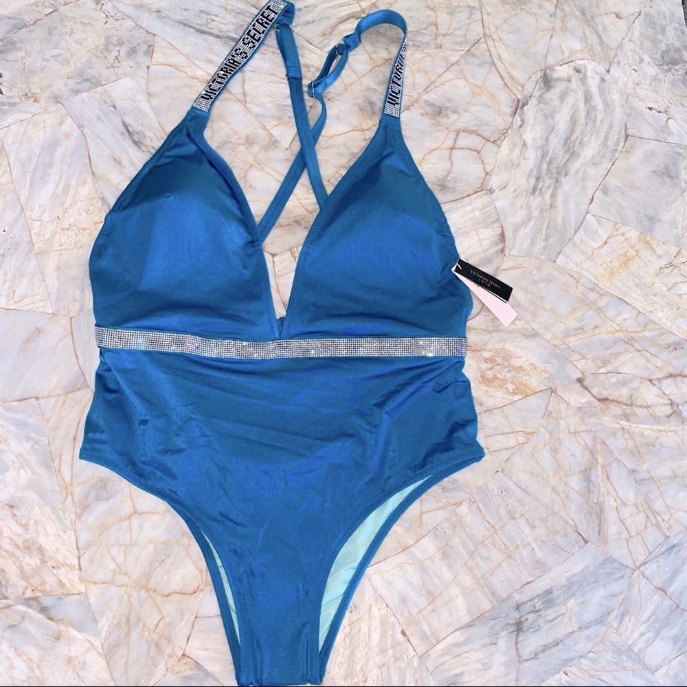 VS  Shine Strap Plunge One-Piece Swimsuit Shimmer Blue